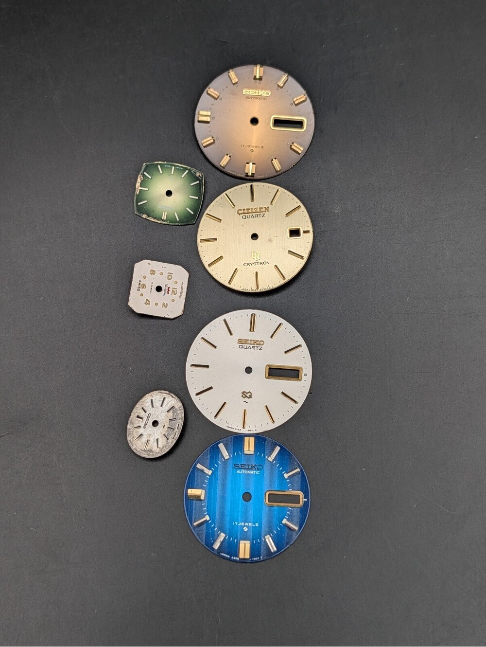Vintage Watch Dial Lot 7pc Seiko 6309 Automatic Citizen Crystron Waltham Repair
